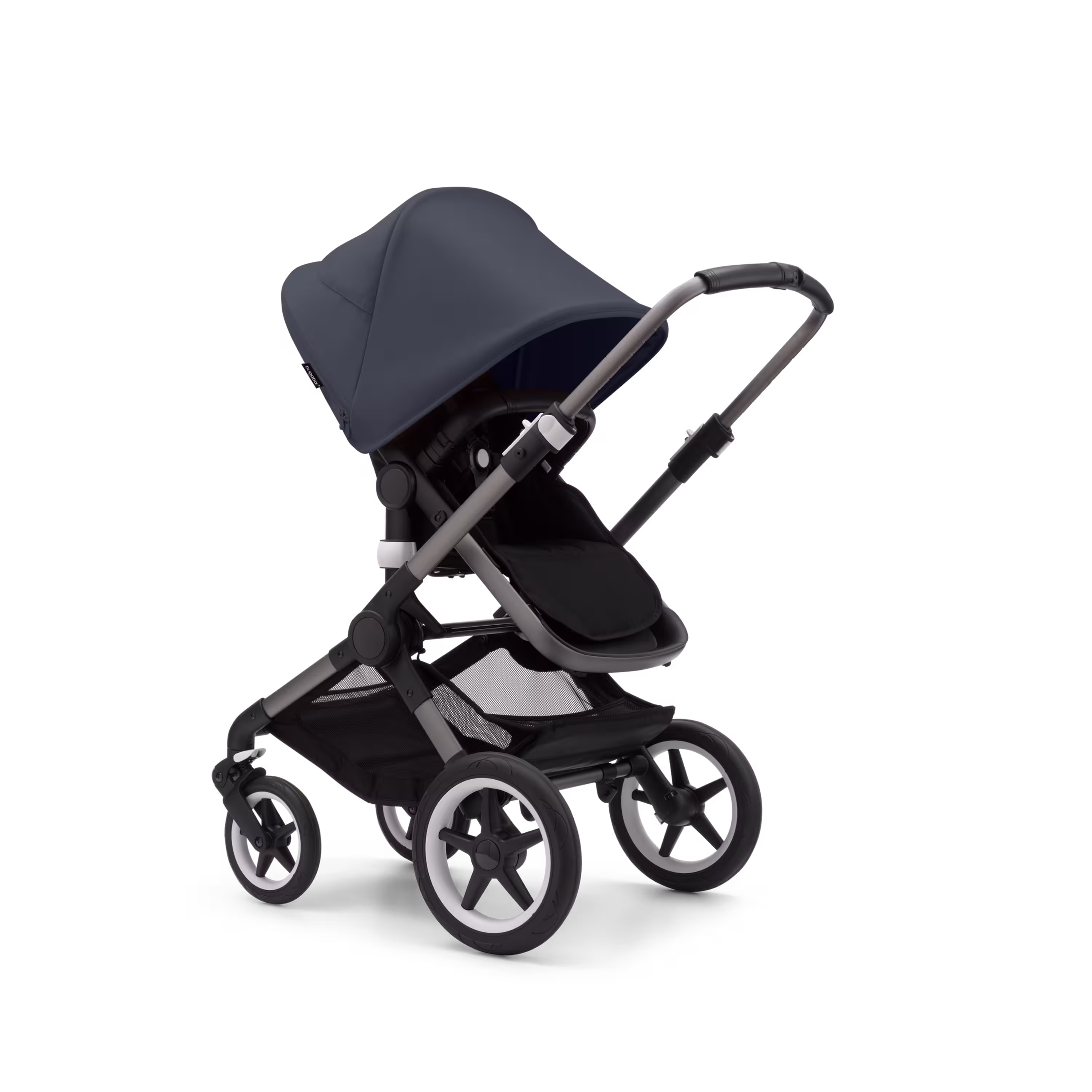 Bugaboo Fox 3 seat stroller with black frame, grey fabrics, and stormy blue sun canopy. - Main Modal Image Slide 1 of 7