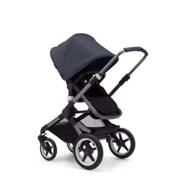 Bugaboo Fox 3 seat stroller with black frame, grey fabrics, and stormy blue sun canopy. - Main Image Slide 1 of 7