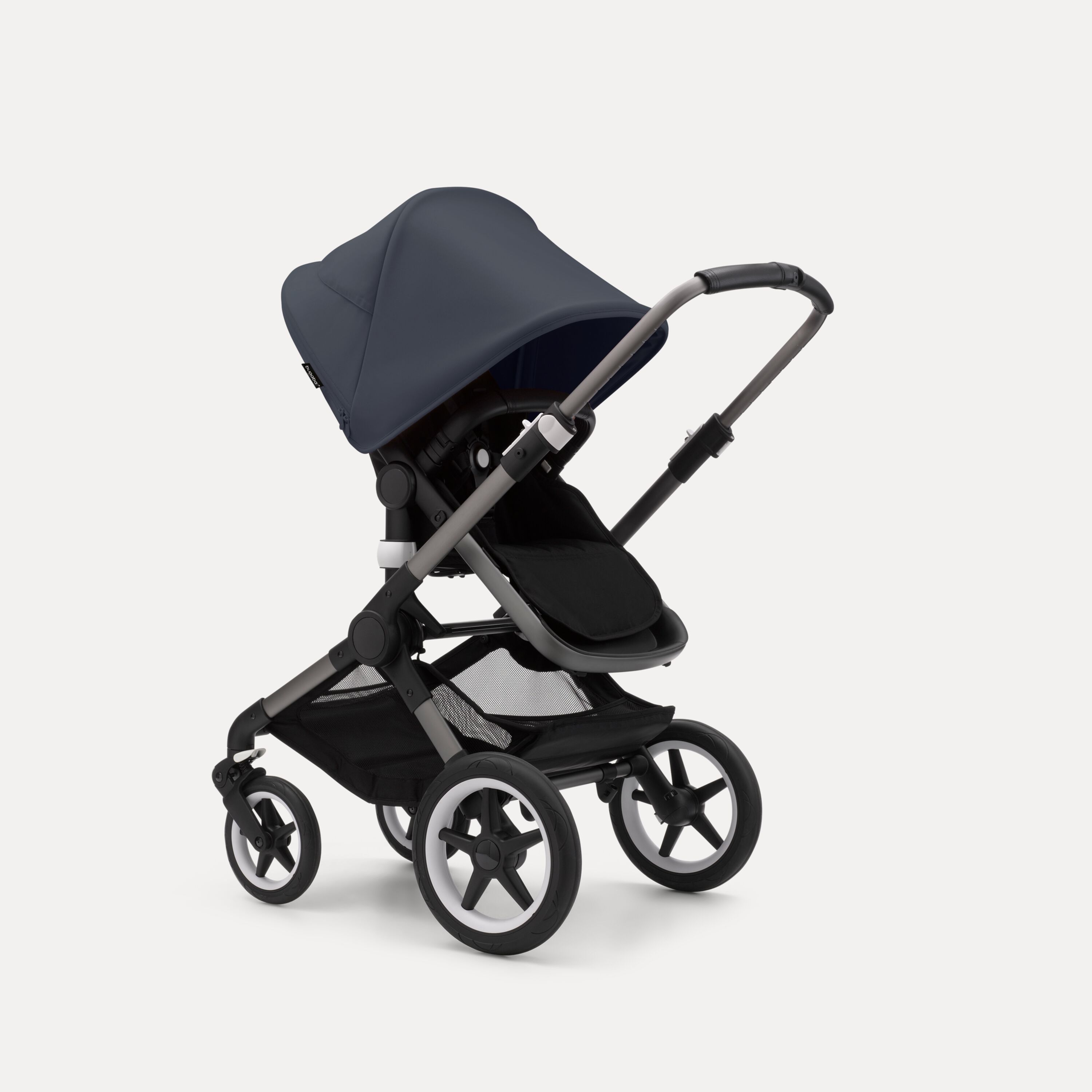 Bugaboo Fox 3 seat stroller with black frame, grey fabrics, and stormy blue sun canopy. - Main Modal Image Slide 1 of 7