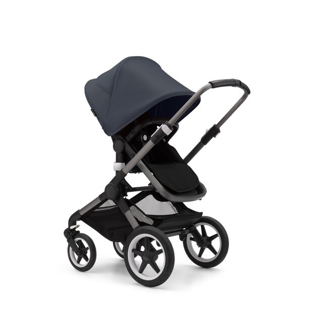 Bugaboo Fox 3 seat stroller with black frame, grey fabrics, and stormy blue sun canopy. - Main Image Slide 1 of 7