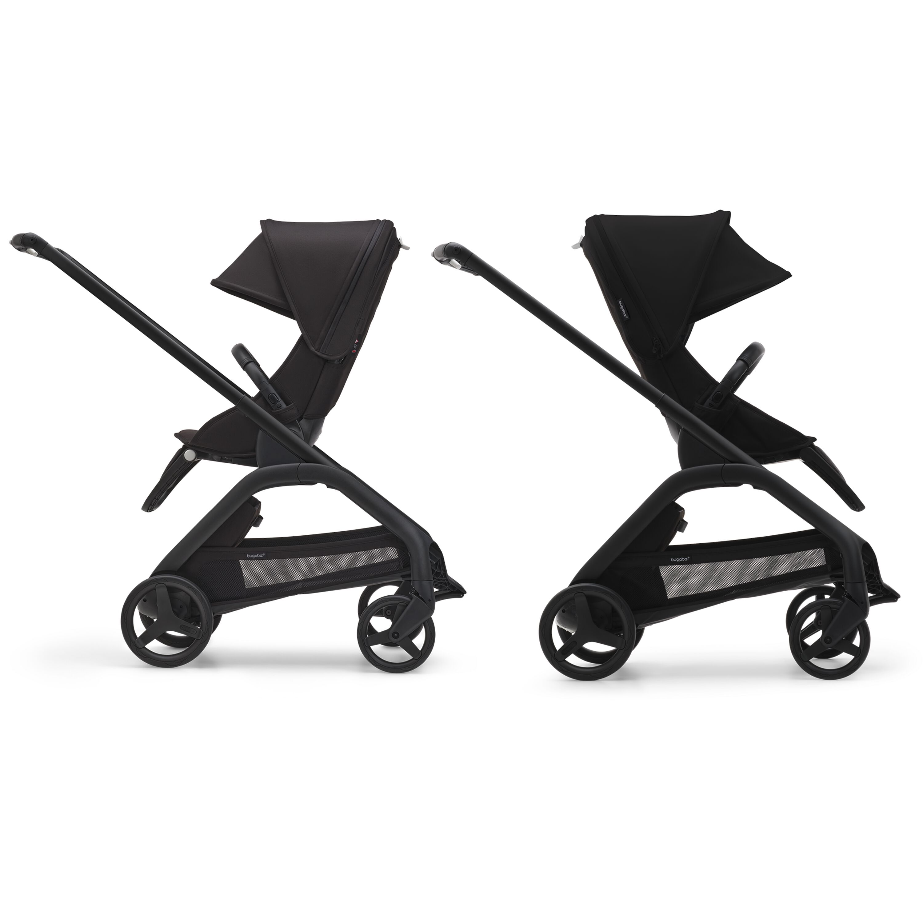 The Bugaboo Dragonfly's reversible seat in two positions: facing parents or facing the world. - Main Modal Image Slide 12 of 16
