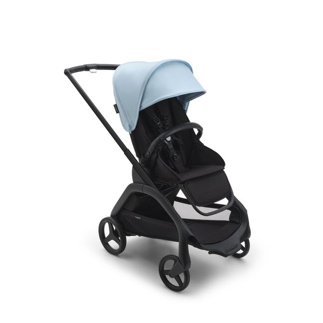 Bugaboo Dragonfly seat stroller with black chassis, midnight black fabrics and skyline blue sun canopy.