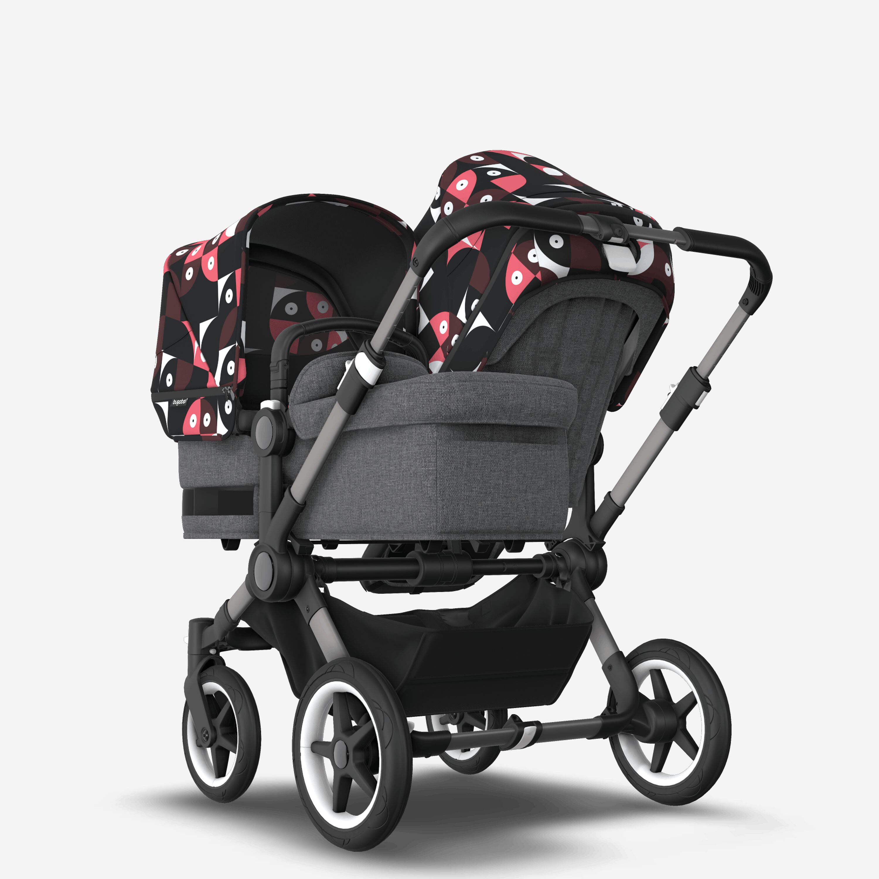 Bugaboo Donkey 5 Duo double stroller graphite base, grey mélange fabrics, animal explorer pink/ red sun canopy - Main Modal Image Slide 1 of 10