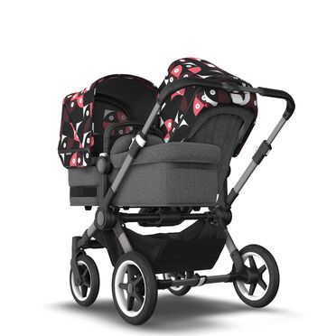 Bugaboo Donkey 5 Duo double stroller graphite base, grey mélange fabrics, animal explorer pink/ red sun canopy