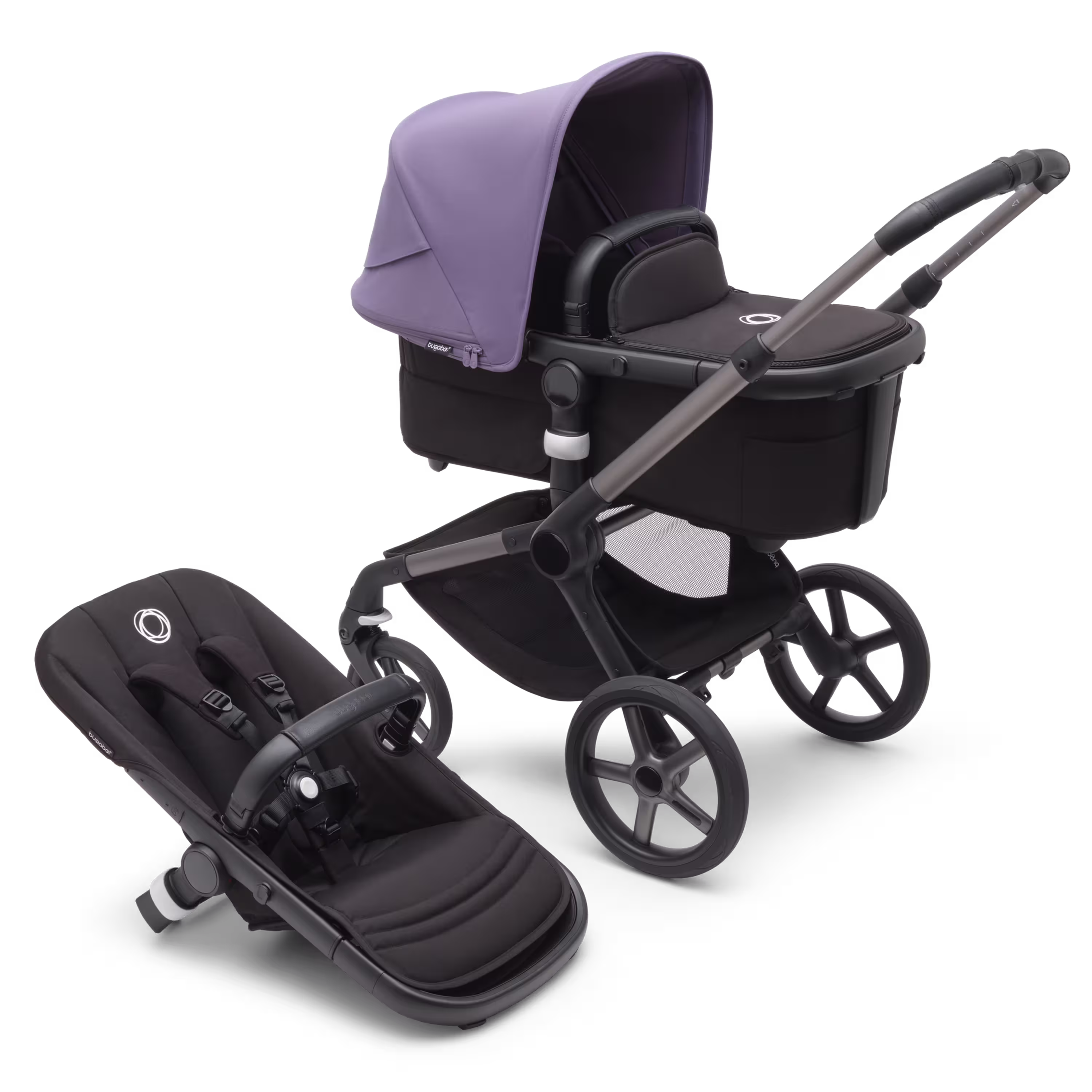 Bugaboo Fox 5 bassinet and seat stroller with graphite chassis, midnight black fabrics and astro purple sun canopy. - Main Modal Image Slide 1 of 13