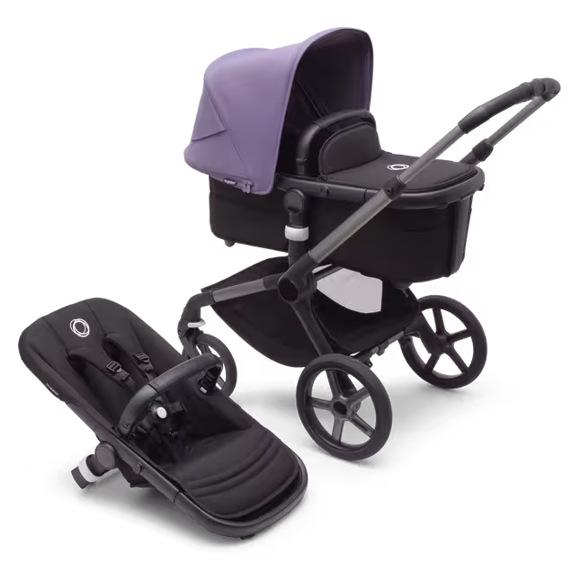 Bugaboo Fox 5 bassinet and seat stroller with graphite chassis, midnight black fabrics and astro purple sun canopy. - Main Image Slide 1 of 13