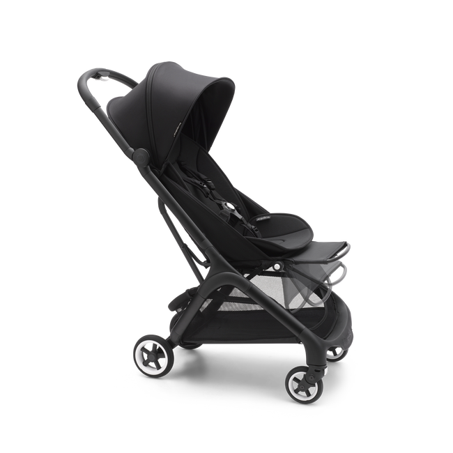 Bugaboo Butterfly seat stroller with the leg rest adjustable to 5 positions.