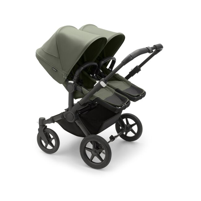 Bugaboo Donkey 5 Twin bassinet and seat stroller black base, forest green fabrics, forest green sun canopy