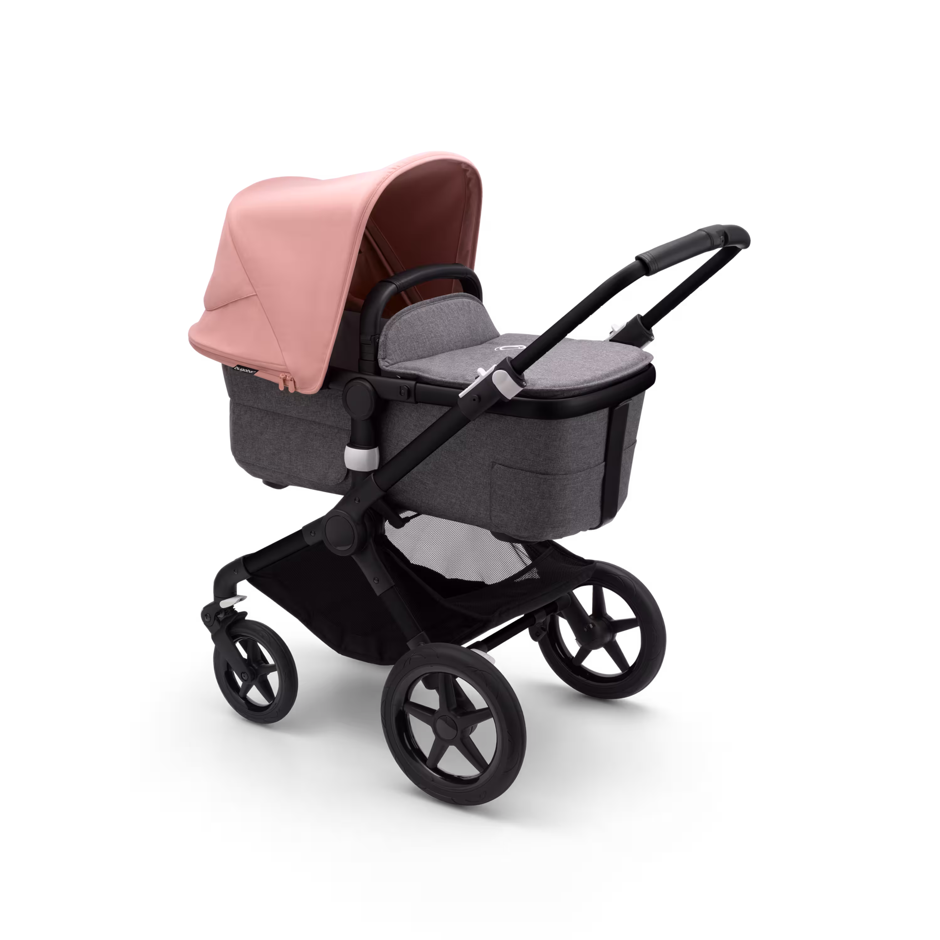 Bugaboo Fox 3 bassinet stroller with black frame, grey fabrics, and pink sun canopy. - Main Modal Image Slide 2 of 7