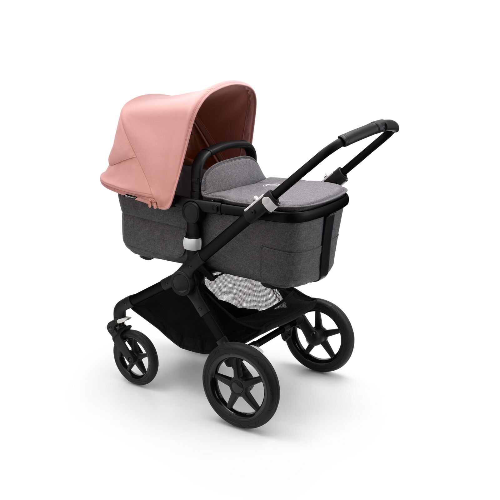 Bugaboo Fox 3 bassinet stroller with black frame, grey fabrics, and pink sun canopy.