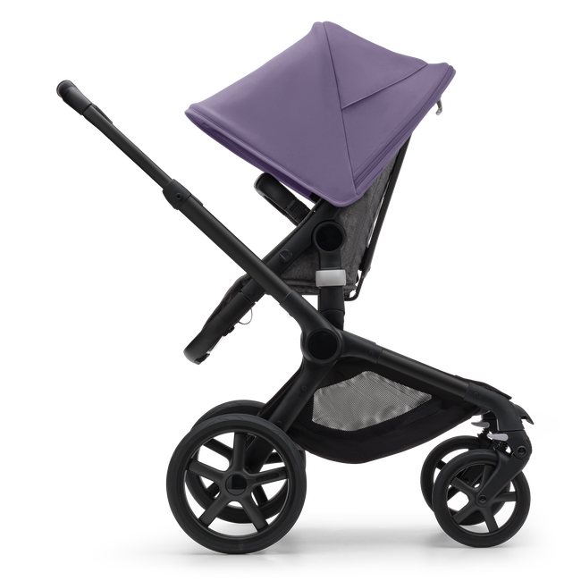 Bugaboo Fox 5 bassinet and seat stroller black base, grey melange fabrics, astro purple sun canopy