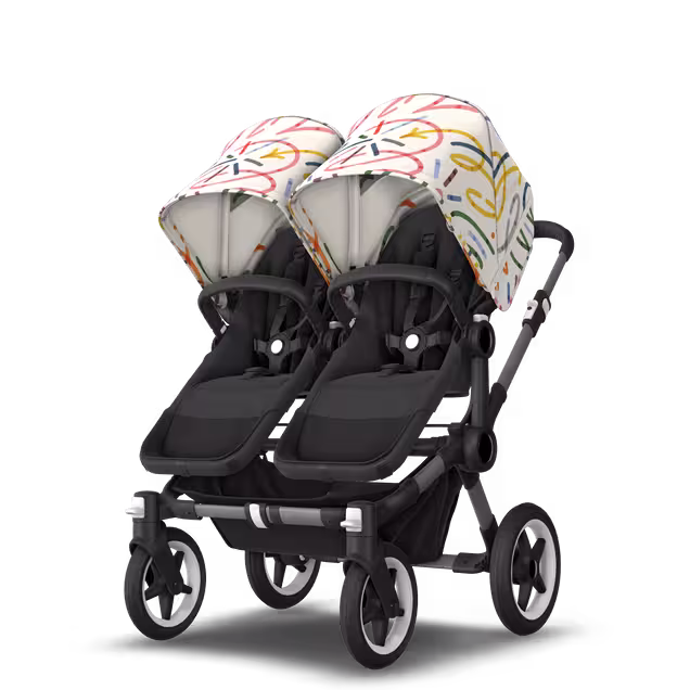 Bugaboo Donkey 5 twin stroller graphite base, midnight black fabrics, art of discovery white sun canopy - Main Image Slide 2 of 12