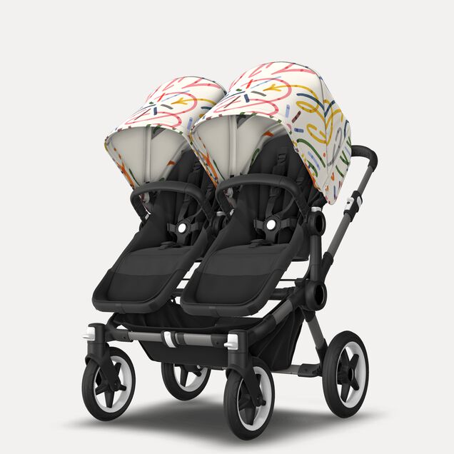 Bugaboo Donkey 5 twin stroller graphite base, midnight black fabrics, art of discovery white sun canopy - Main Image Slide 2 of 12