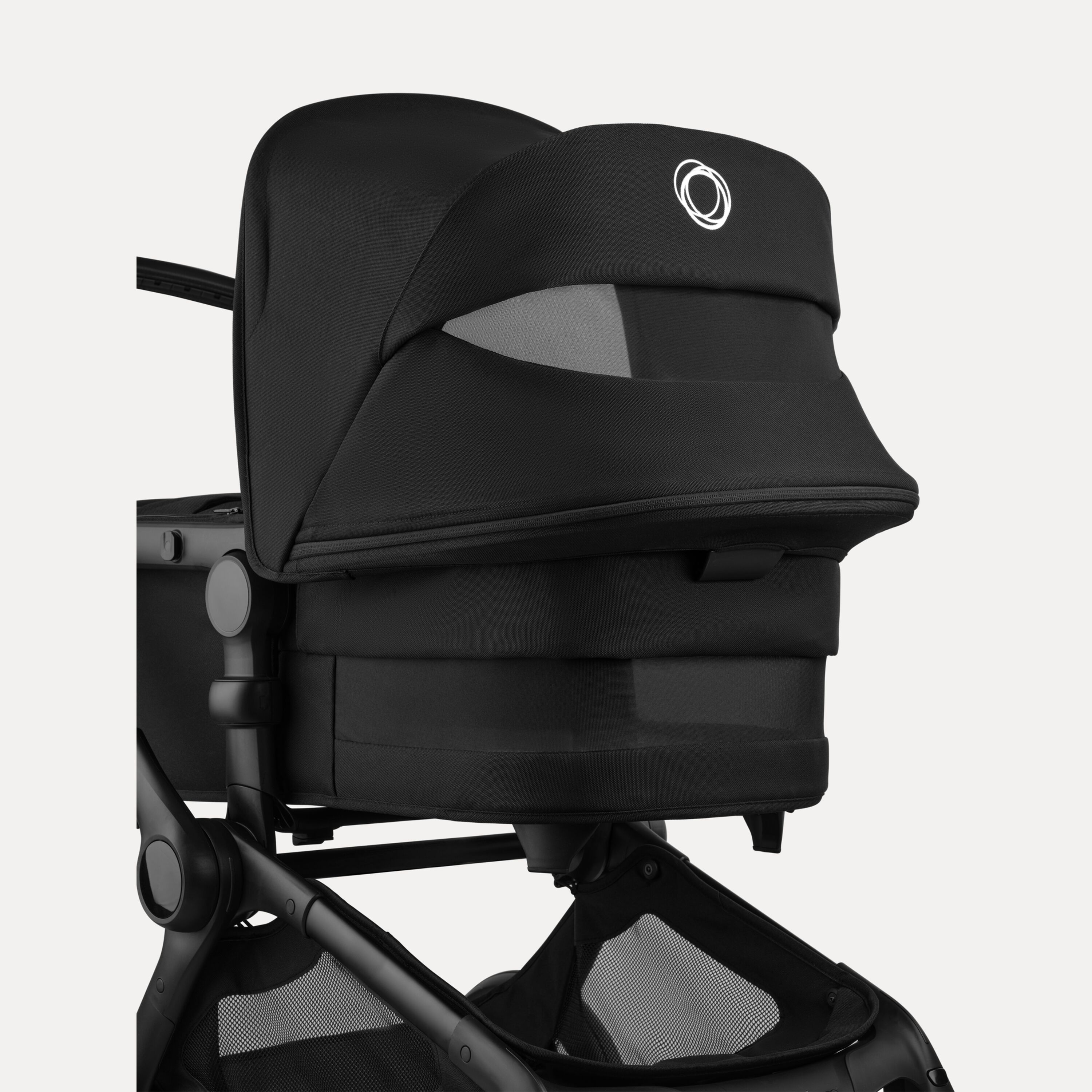 A closer look at the large sun canopy and the bassinet of the Bugaboo Fox 5 Renew stroller, showcasing the peek-a-boo window and the breezy panel. - Main Modal Image Slide 6 of 12