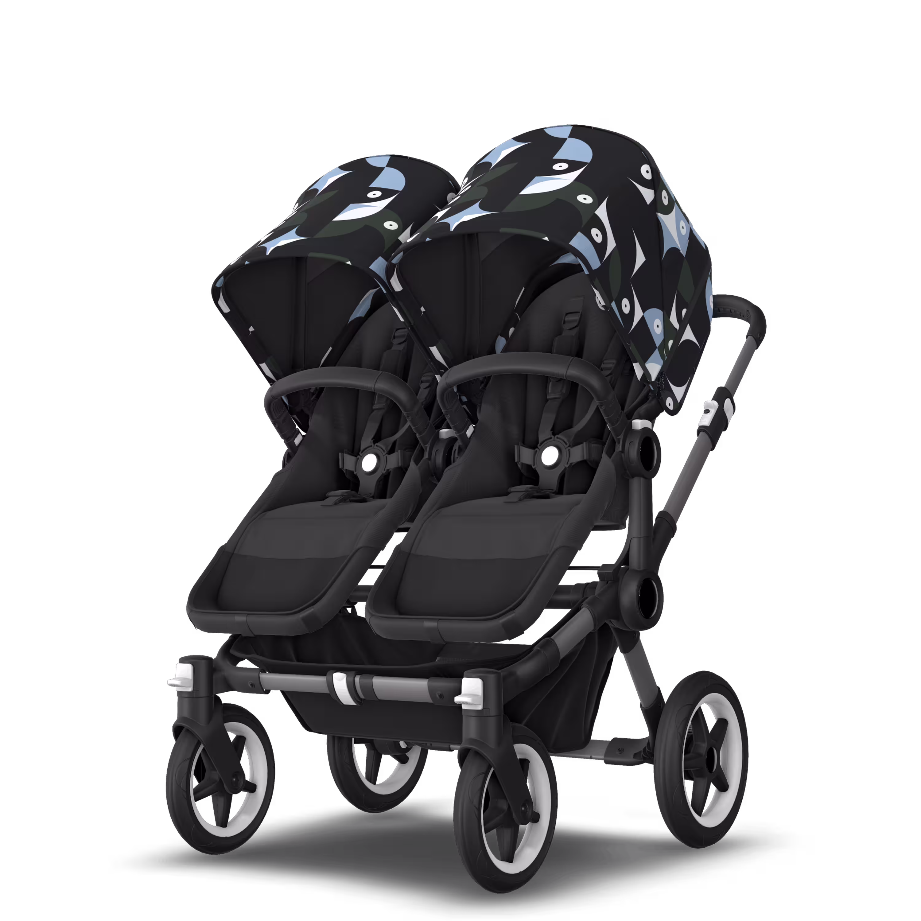 Bugaboo Donkey 5 twin stroller graphite base, midnight black fabrics, animal explorer green/light blue sun canopy - Main Modal Image Slide 2 of 12