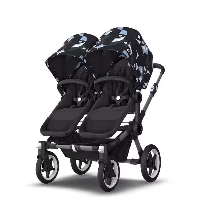 Bugaboo Donkey 5 twin stroller graphite base, midnight black fabrics, animal explorer green/light blue sun canopy - Main Image Slide 2 of 12