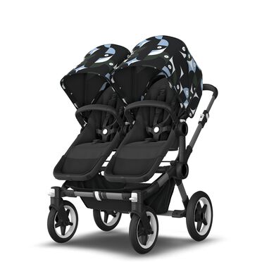 Bugaboo Donkey 5 twin stroller graphite base, midnight black fabrics, animal explorer green/light blue sun canopy - view 2