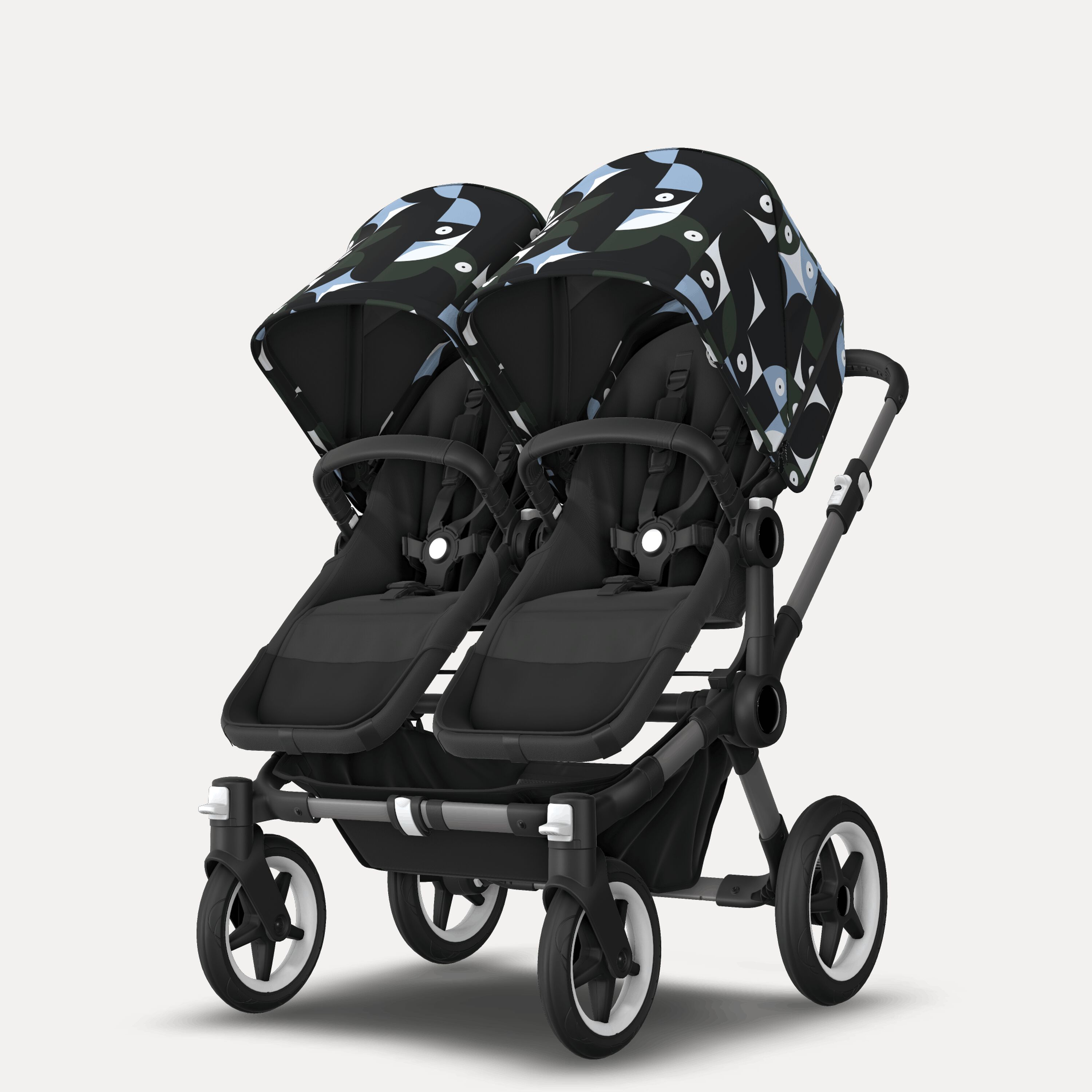 Bugaboo Donkey 5 twin stroller graphite base, midnight black fabrics, animal explorer green/light blue sun canopy - Main Modal Image Slide 2 of 12