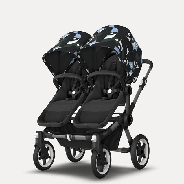 Bugaboo Donkey 5 twin stroller graphite base, midnight black fabrics, animal explorer green/light blue sun canopy - Main Image Slide 2 of 12