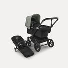 PP Bugaboo Donkey 5 Mono bassinet and seat stroller black base, midnight black fabrics, forest green sun canopy
