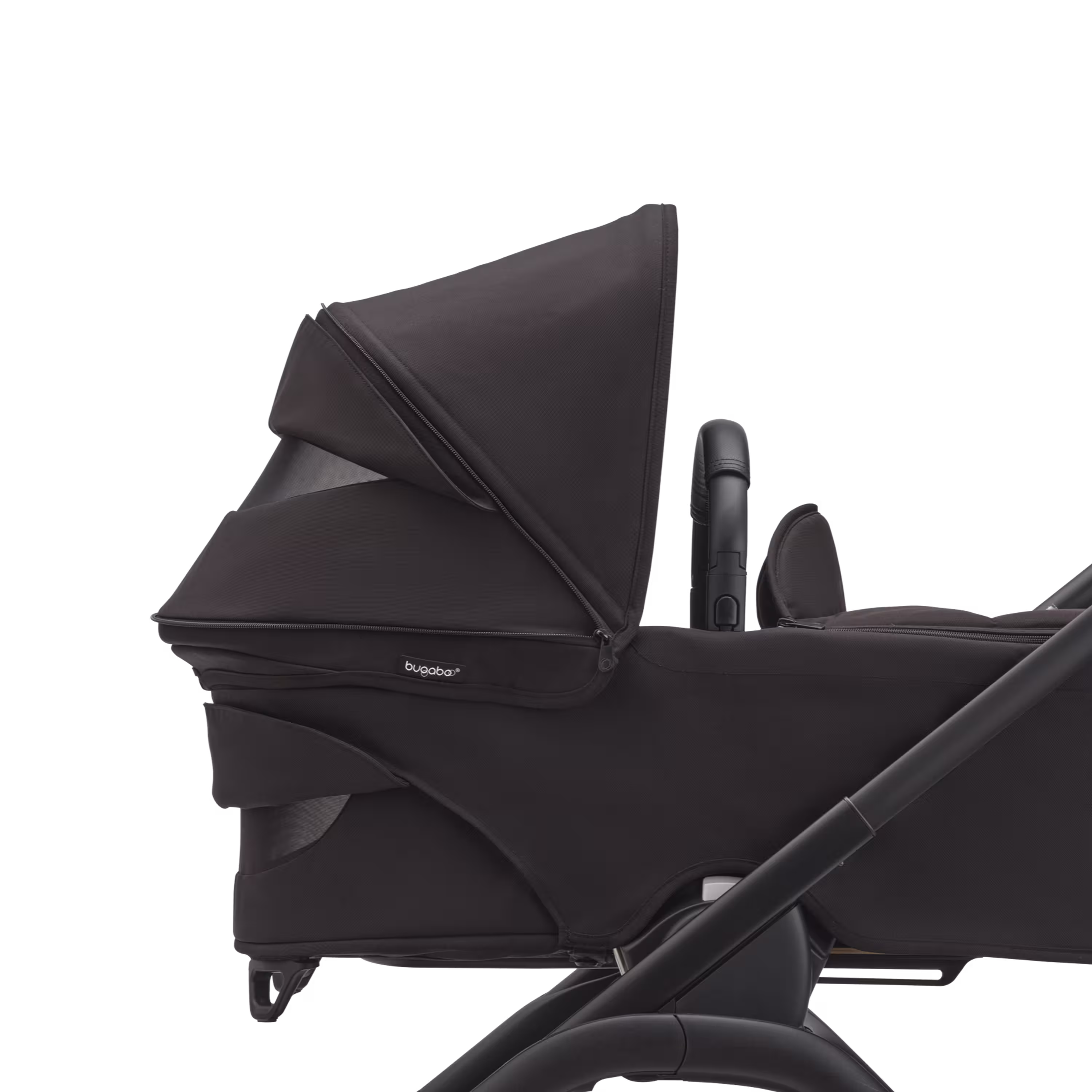 Refurbished Bugaboo Dragonfly bassinet and seat stroller graphite base, midnight black fabrics, skyline blue sun canopy - Main Modal Image Slide 11 of 14