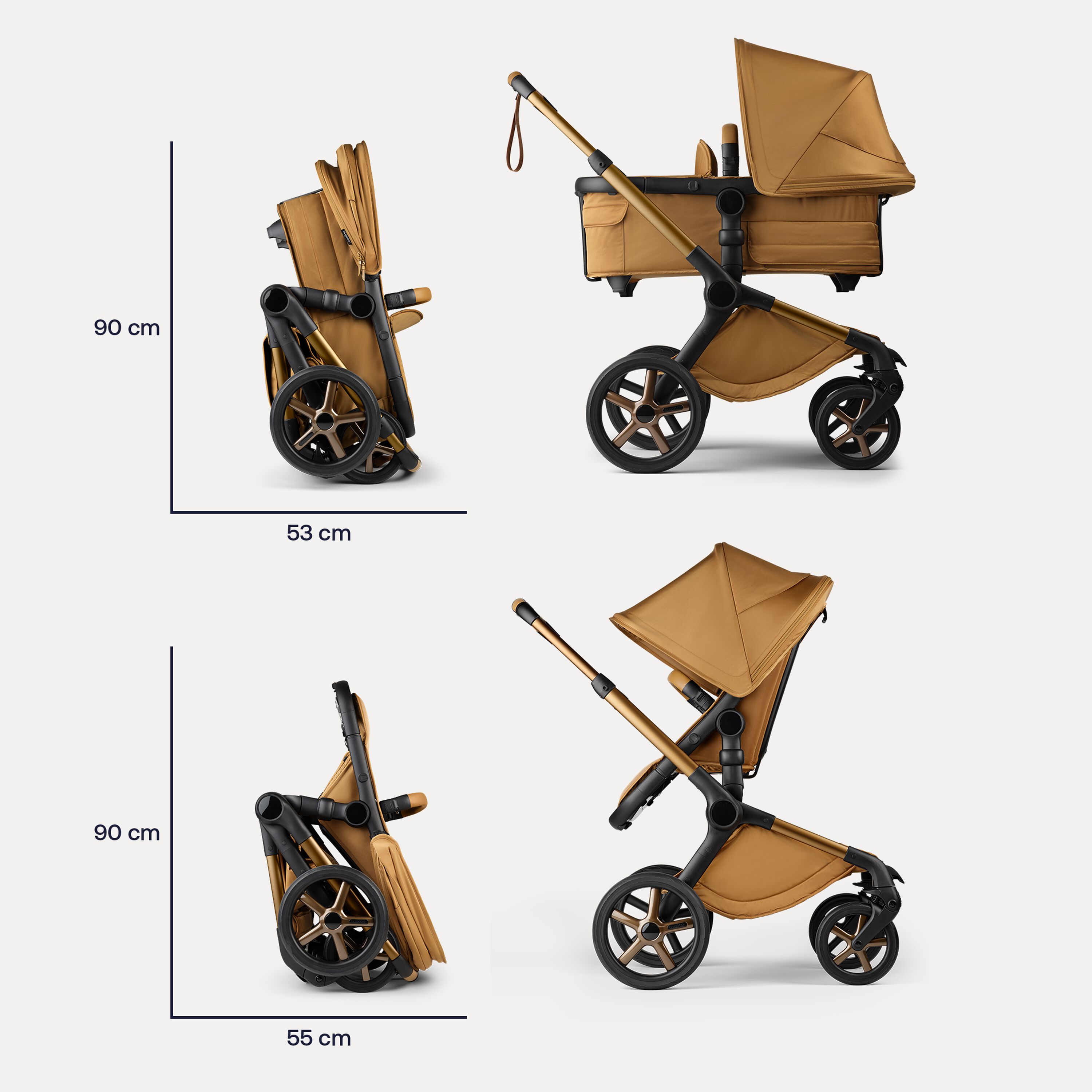 Folded dimensions of the Bugaboo Fox 5 Noir Limited Edition Amber Glow: With the bassinet: 90 x 35 cm. With seat: 90 x 55 cm. - Main Modal Image Slide 11 of 15