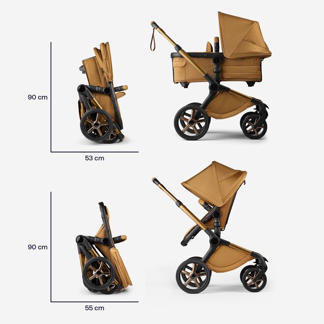 Folded dimensions of the Bugaboo Fox 5 Noir Limited Edition Amber Glow: With the bassinet: 90 x 35 cm. With seat: 90 x 55 cm. - Main Image Slide 11 of 15