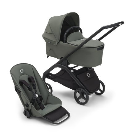 Bugaboo Dragonfly carrycot and seat pushchair with black chassis, forest green fabrics and forest green sun canopy. - view 1