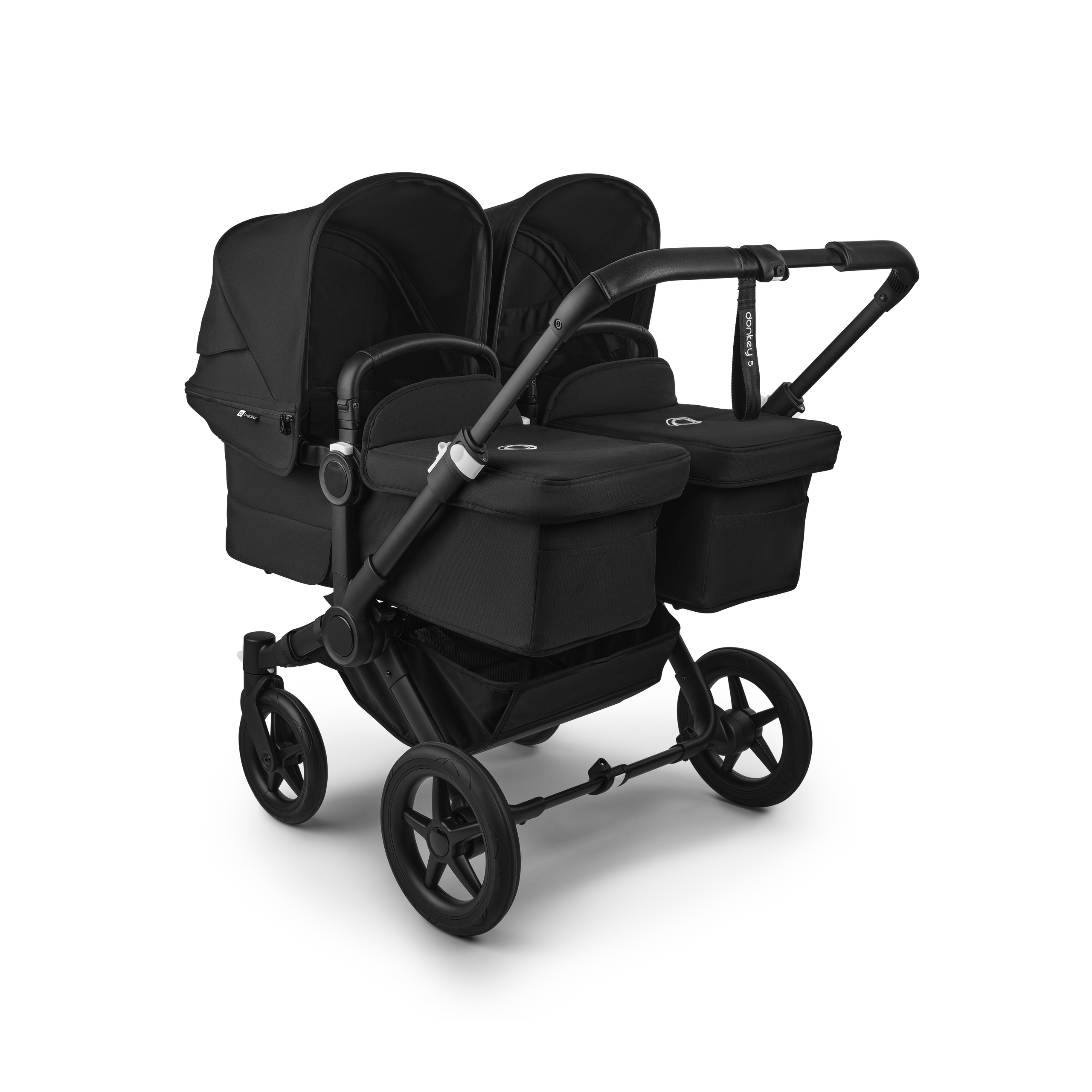 Bugaboo Donkey 5 twin stroller black base, midnight black fabrics, midnight black sun canopy - Thumbnail Slide 1 of 12