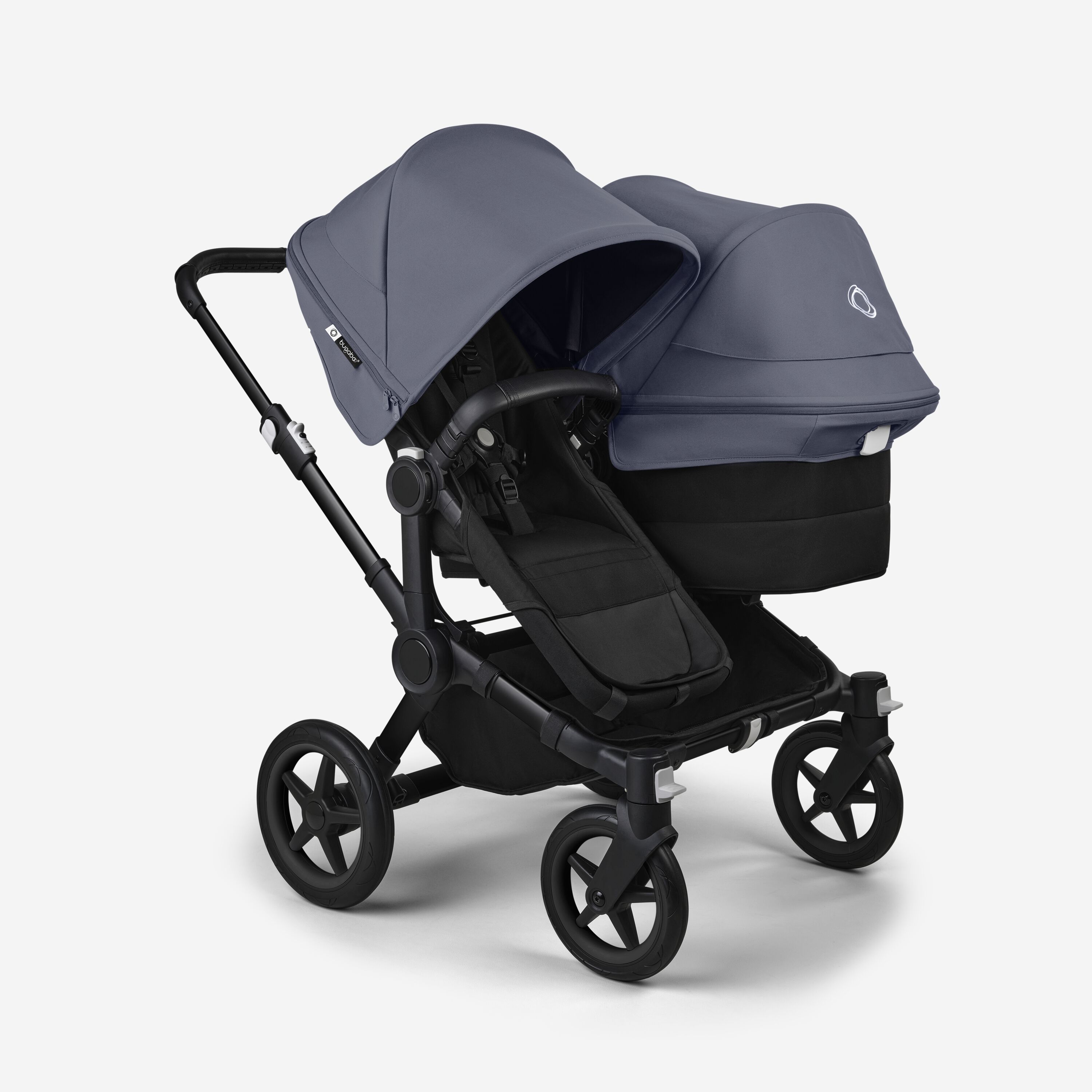 Bugaboo Donkey 5 Duo double stroller black base, midnight black fabrics, stormy blue sun canopy - Main Modal Image Slide 1 of 11