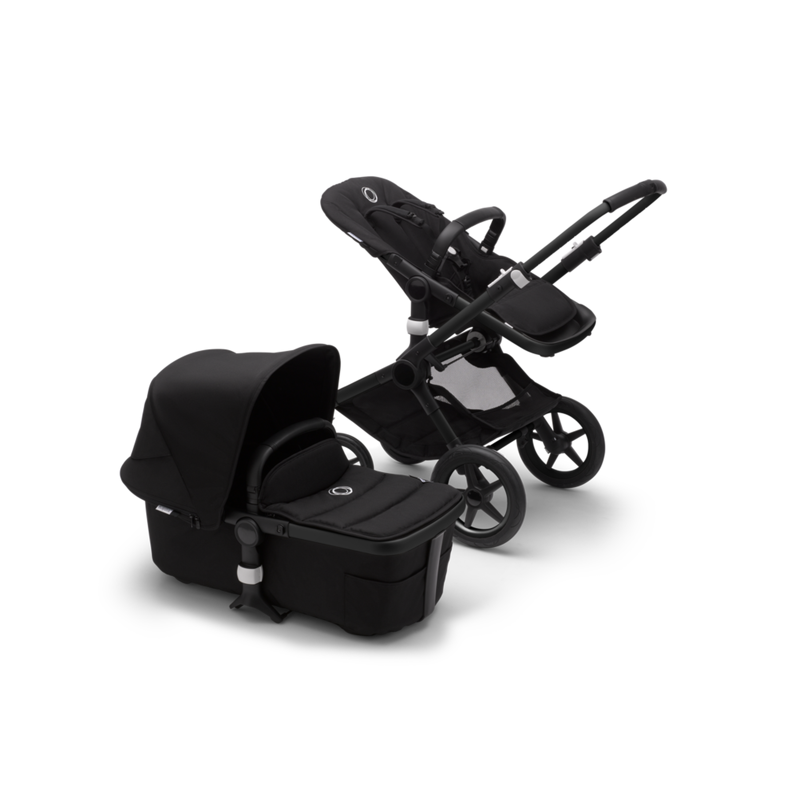 Bugaboo Fox 2 seat and carrycot pushchair black sun canopy, black fabrics, black chassis - Thumbnail Slide 9 of 10