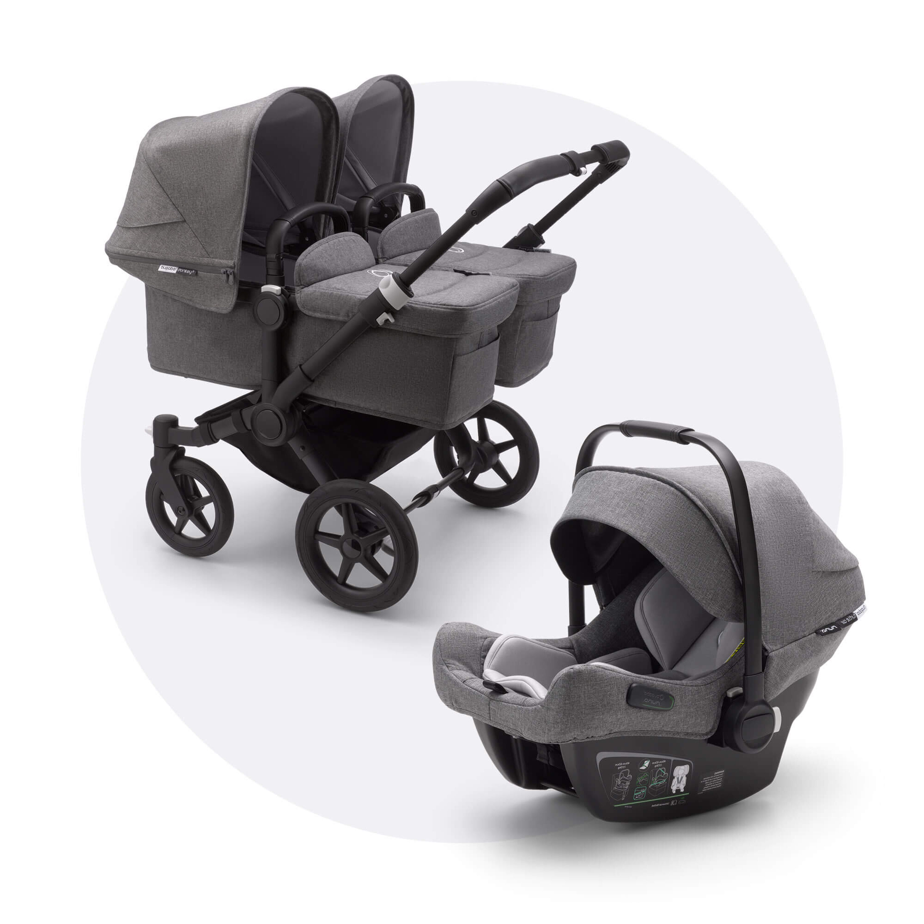 Bugaboo Donkey 3 Twin travel system grey melange sun canopy, grey melange fabrics, black base - Main Modal Image Slide 1 of 18