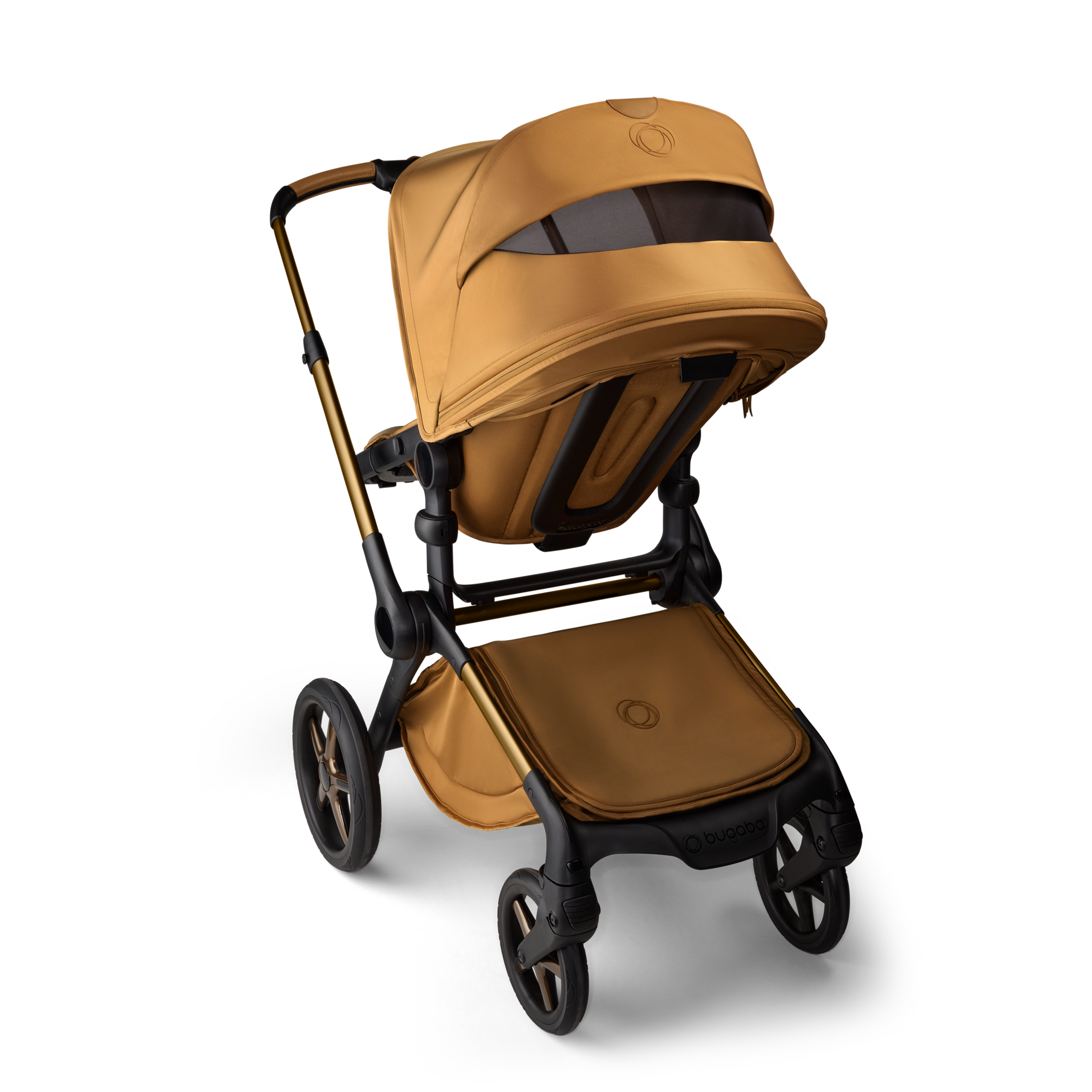 Back view of the Bugaboo Fox 5 Noir Limited Edition stroller in Amber Glow, with the sun canopy's peek-a-boo panel visible. - Thumbnail Slide 5 of 15