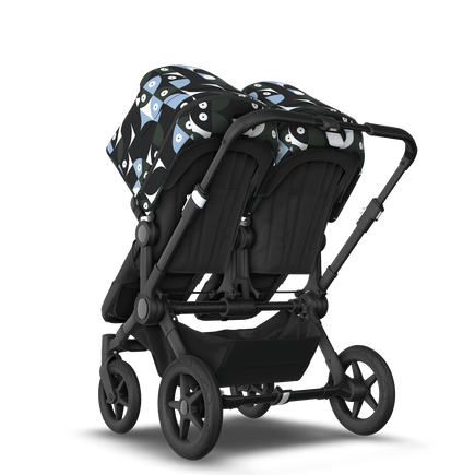 Bugaboo Donkey 5 Twin bassinet and seat stroller black base, midnight black fabrics, animal explorer green/light blue sun canopy
