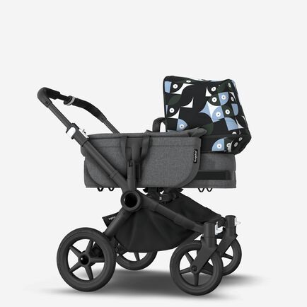 Bugaboo Donkey 5 Mono bassinet and seat stroller black base, grey mélange fabrics, animal explorer green/ light blue sun canopy