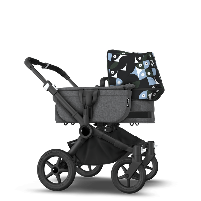 Bugaboo Donkey 5 Mono bassinet and seat stroller black base, grey mélange fabrics, animal explorer green/ light blue sun canopy
