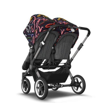 Bugaboo Donkey 5 Twin bassinet and seat stroller graphite base, grey mélange fabrics, art of discovery dark blue sun canopy