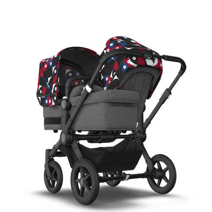 Bugaboo Donkey 5 Duo bassinet and seat stroller black base, grey mélange fabrics, animal explorer red/ blue sun canopy - view 1