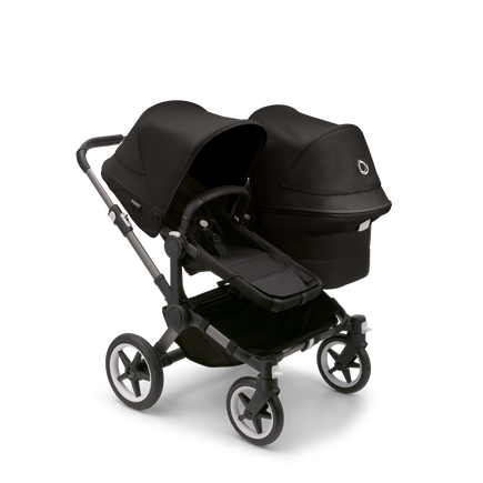 Bugaboo Donkey 5 Duo seat and bassinet stroller with graphite chassis, midnight black fabrics and midnight black sun canopy.
