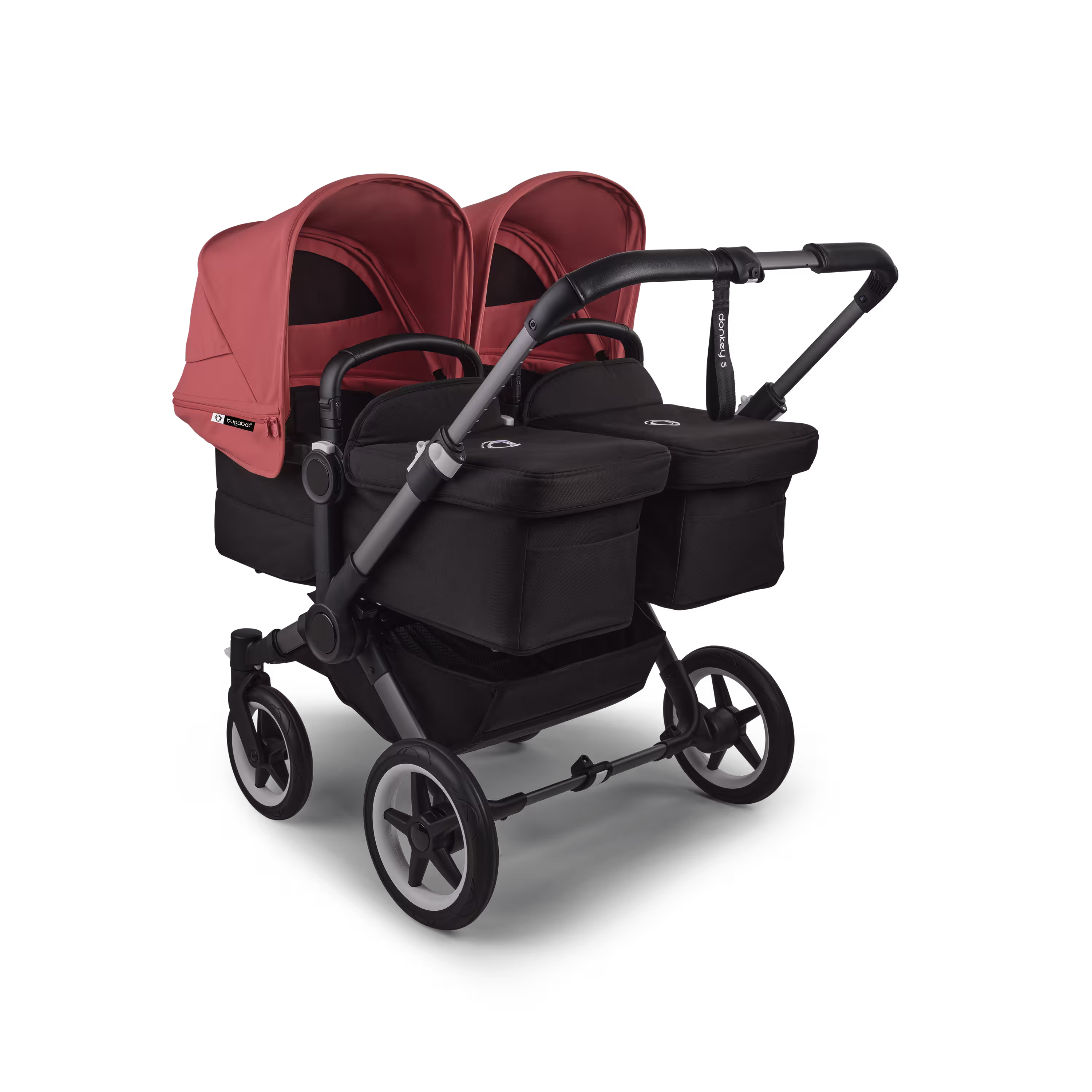 Bugaboo Donkey 5 twin stroller graphite base, midnight black fabrics, sunrise red sun canopy - Main Modal Image Slide 1 of 12