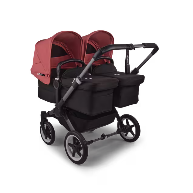 Bugaboo Donkey 5 twin stroller graphite base, midnight black fabrics, sunrise red sun canopy - Main Image Slide 1 of 12