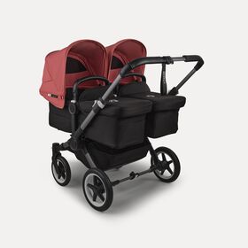 Bugaboo Donkey 5 twin stroller graphite base, midnight black fabrics, sunrise red sun canopy