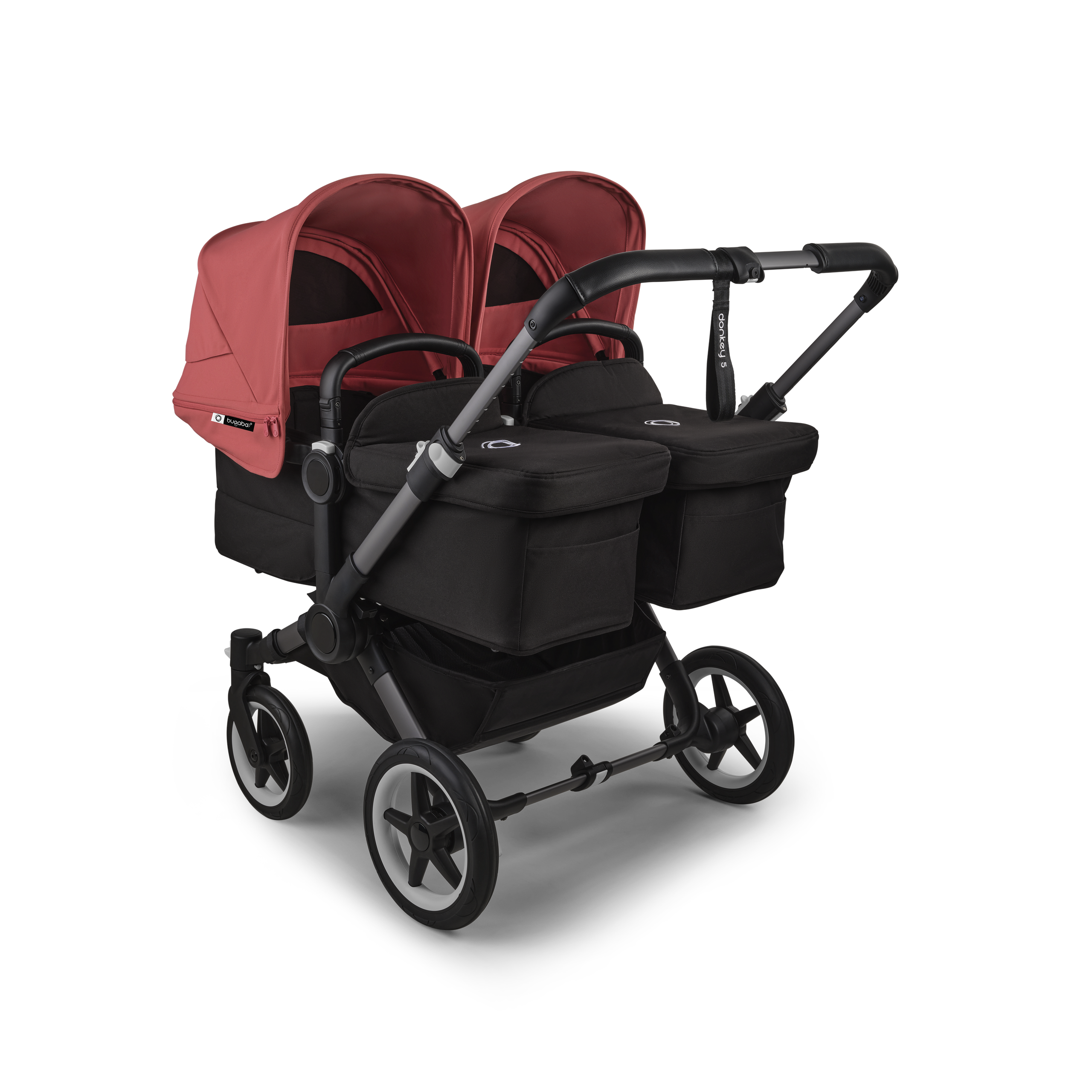 Bugaboo Donkey 5 twin stroller graphite base, midnight black fabrics, sunrise red sun canopy - Thumbnail Slide 1 of 12