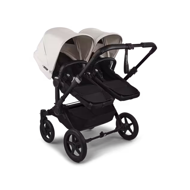 Bugaboo Donkey 5 twin stroller black base, midnight black fabrics, misty white sun canopy - Main Image Slide 3 of 12