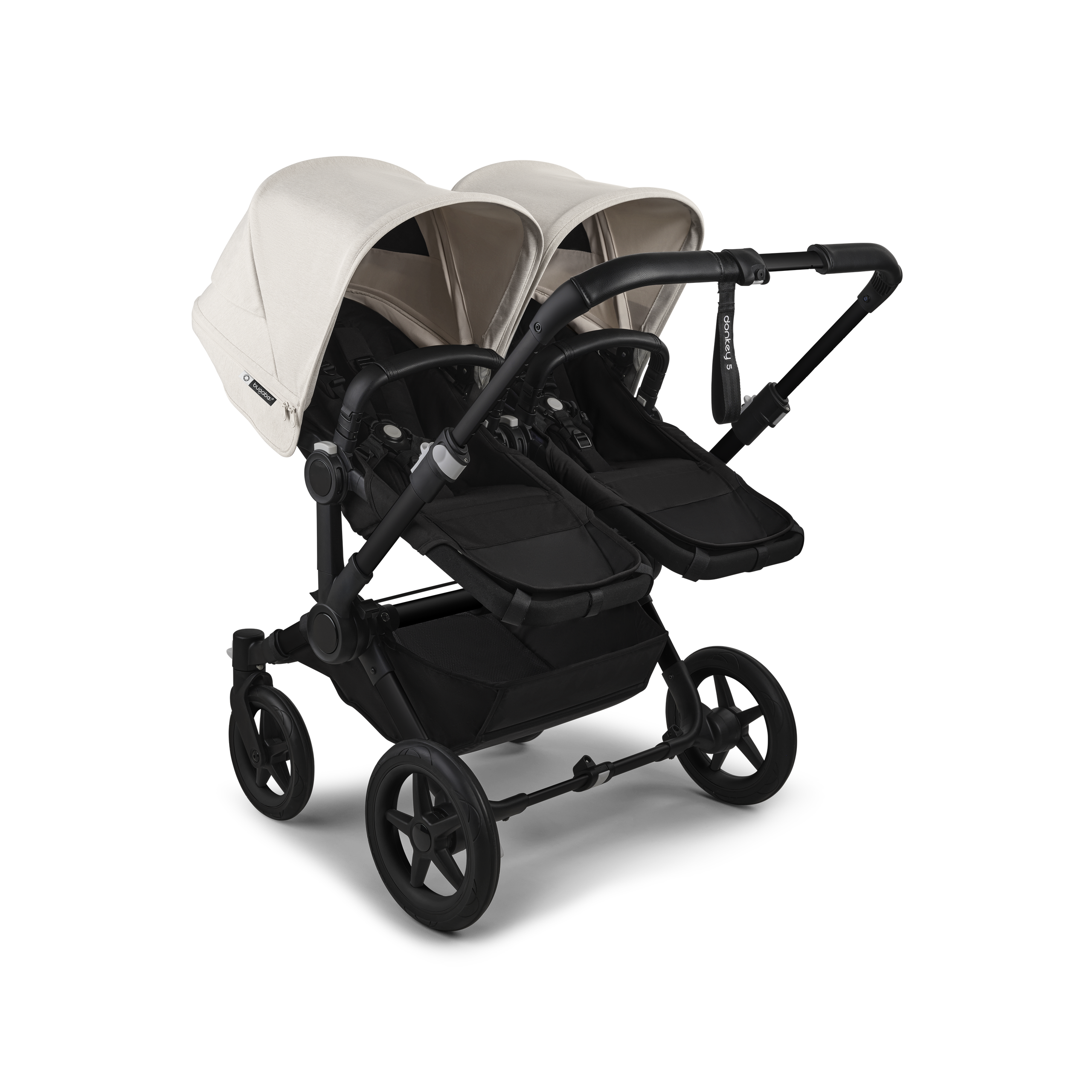 Bugaboo Donkey 5 twin stroller black base, midnight black fabrics, misty white sun canopy - Thumbnail Slide 3 of 12
