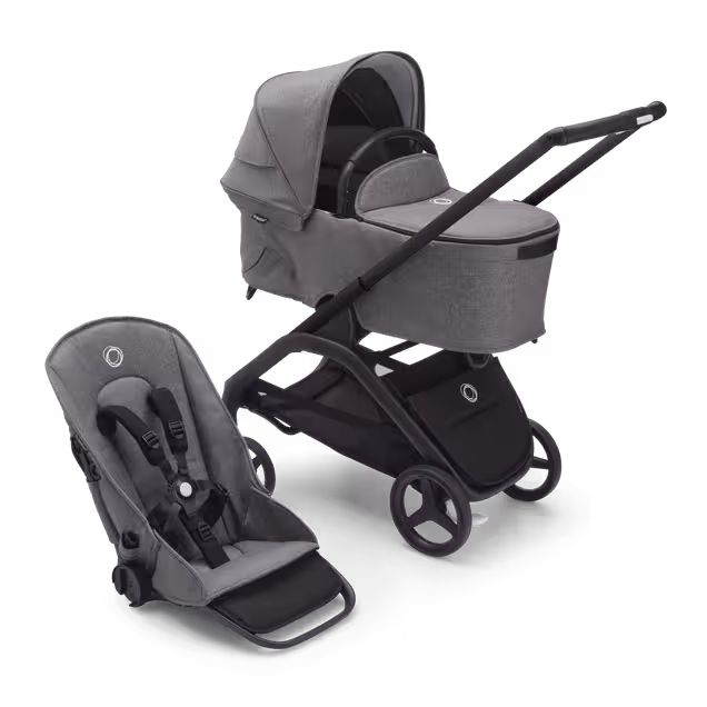 Bugaboo Dragonfly bassinet and seat stroller with black chassis, grey melange fabrics and grey melange sun canopy. - Main Image Slide 1 of 16