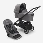 Passeggino con seduta e navicella Bugaboo Dragonfly con telaio black, tessuti grey melange e cappottina grey melange.