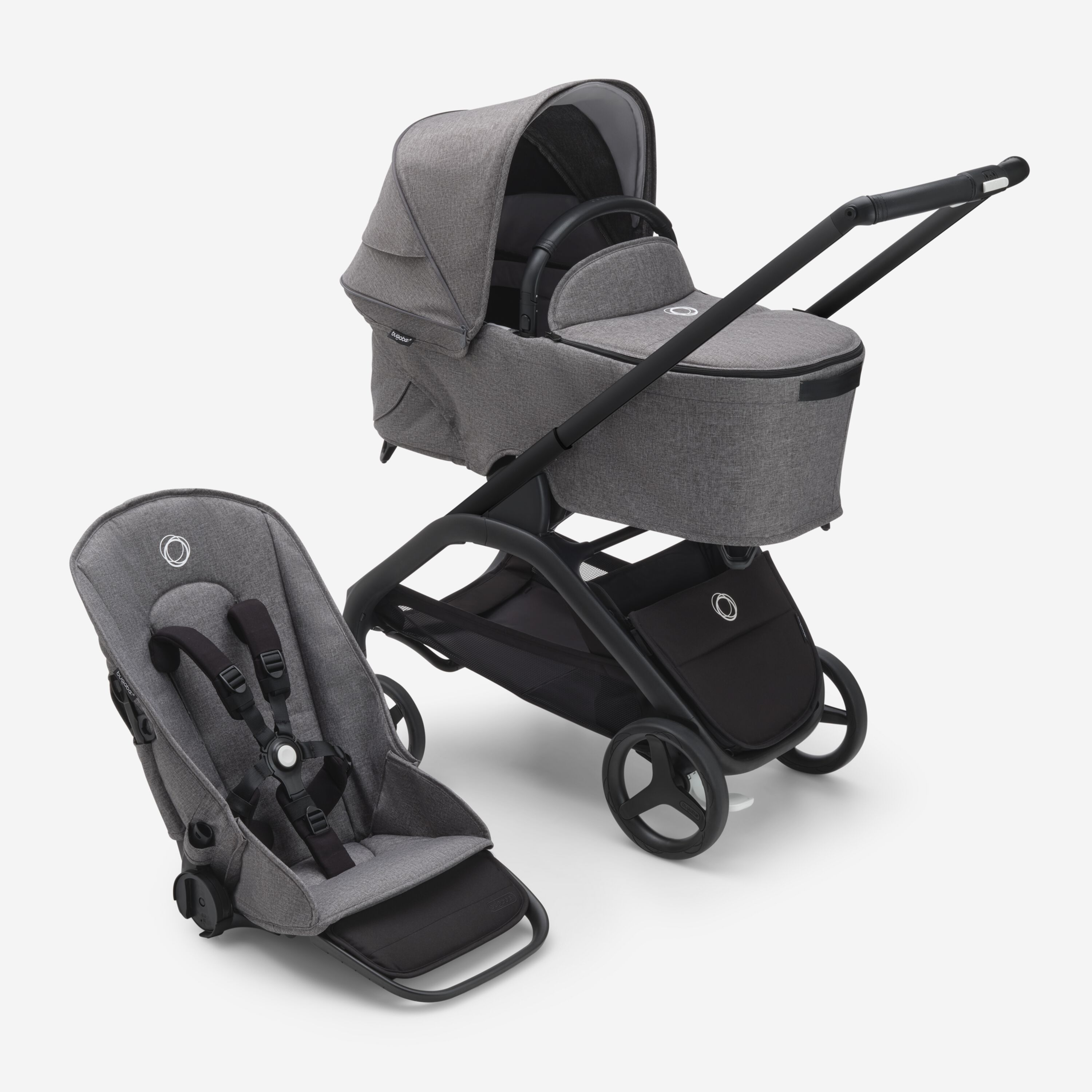 Passeggino con seduta e navicella Bugaboo Dragonfly con telaio black, tessuti grey melange e cappottina grey melange. - Main Modal Image Slide 1 of 16