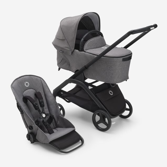 Passeggino con seduta e navicella Bugaboo Dragonfly con telaio black, tessuti grey melange e cappottina grey melange. - Main Image Slide 1 of 16