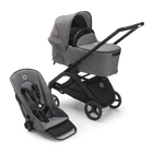 Poussette siège et nacelle Bugaboo Dragonfly avec châssis noir, habillages gris chiné et capote gris chiné.